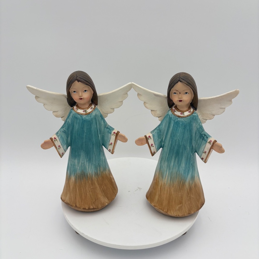 Pair (2) Hand Painted Wooden Angels‎ Christmas Blue VTG 8"